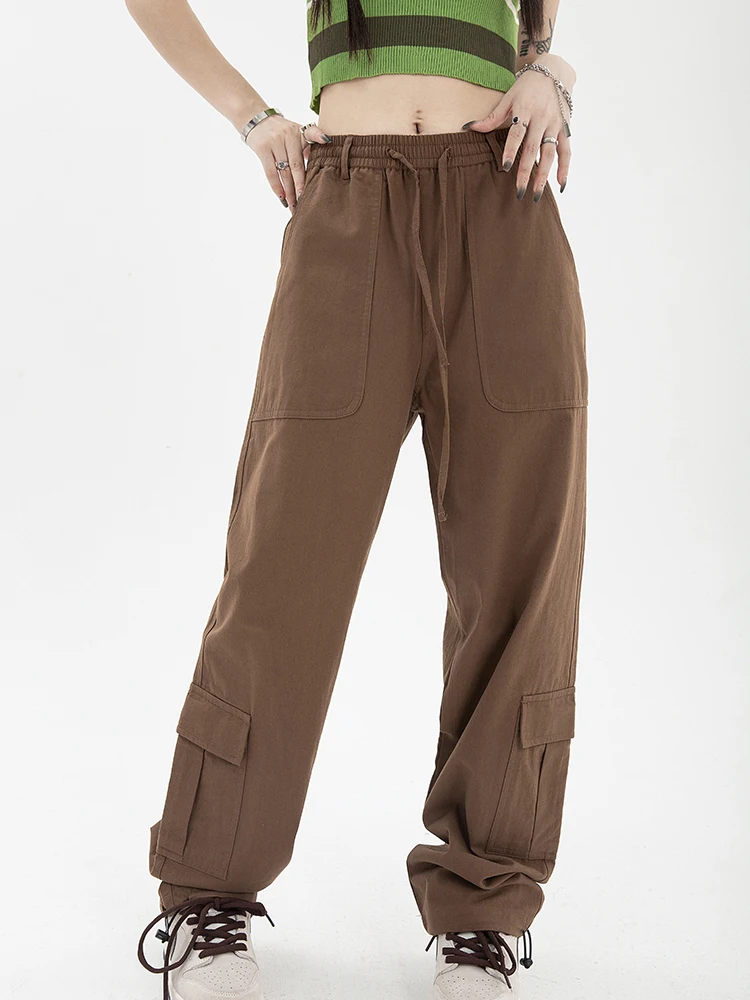 

Brown Strappy Cargo Jeans Womens Summer American Design Multiple Pockets Street Style Straight Wide-leg Casual Trousers Female