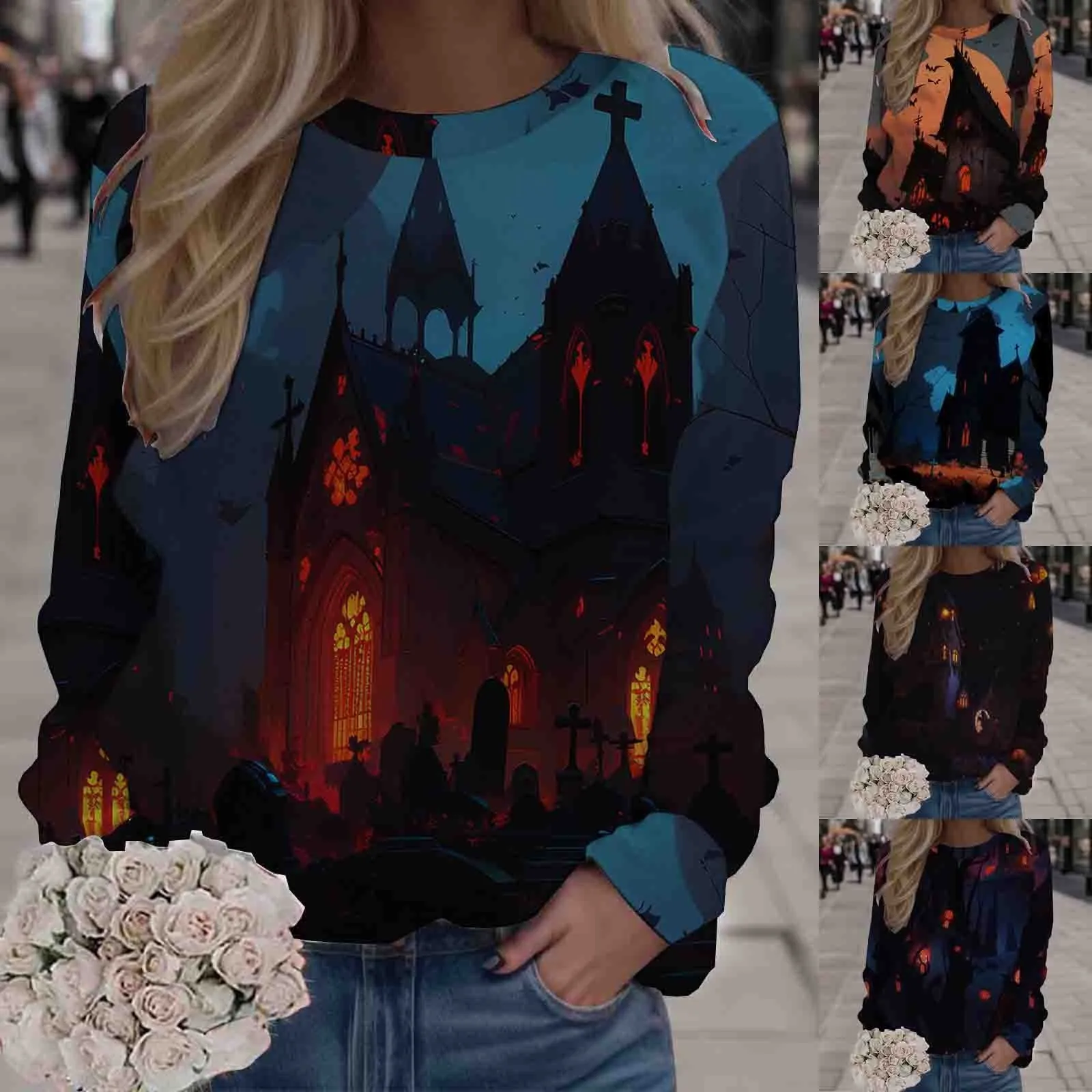 

Womens Fashion Halloween Print O Neck Sweatshirt Round Neck Fit Pullover Tops Casual Long Sleeve Cotton Spandex Tee Women