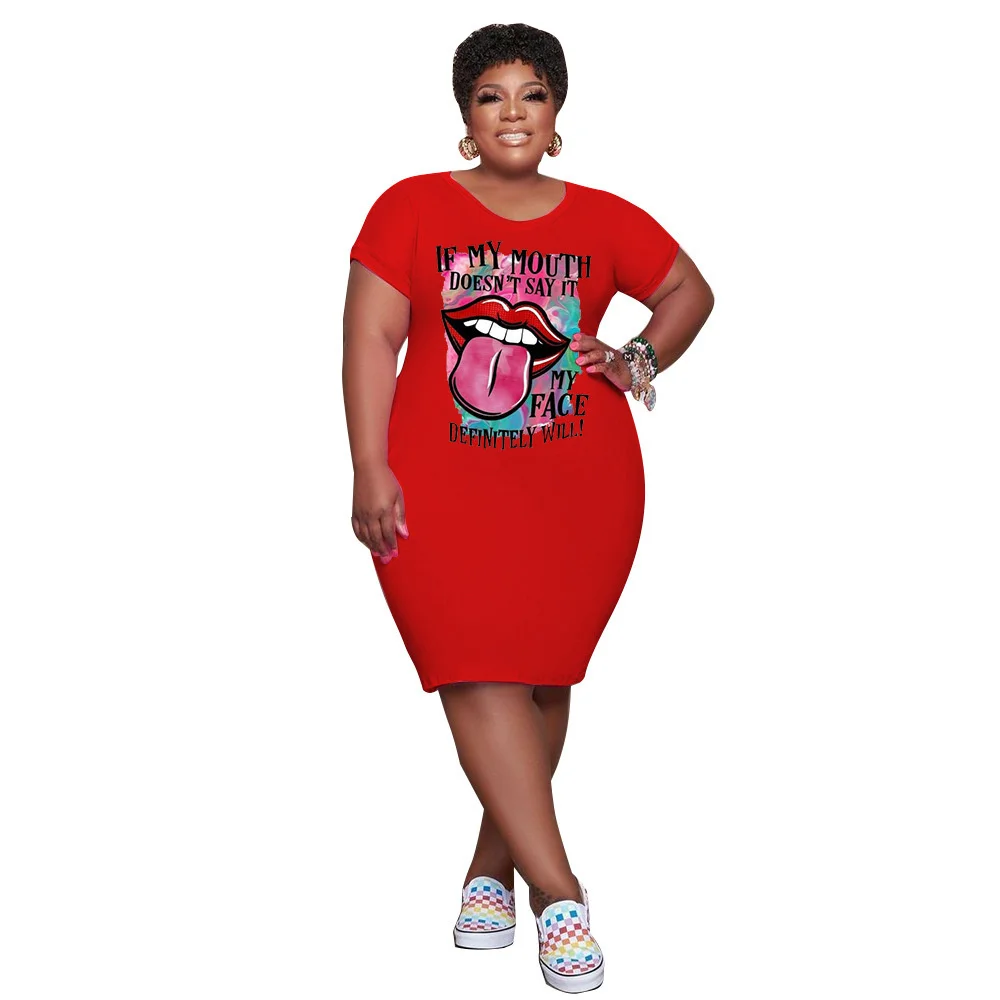 Plus Size Casual Dresses for Women Summer Clothing Lip Print o Neck Loose Stretch Midi Dress 2023 3xl 4xl 5xl 6xl