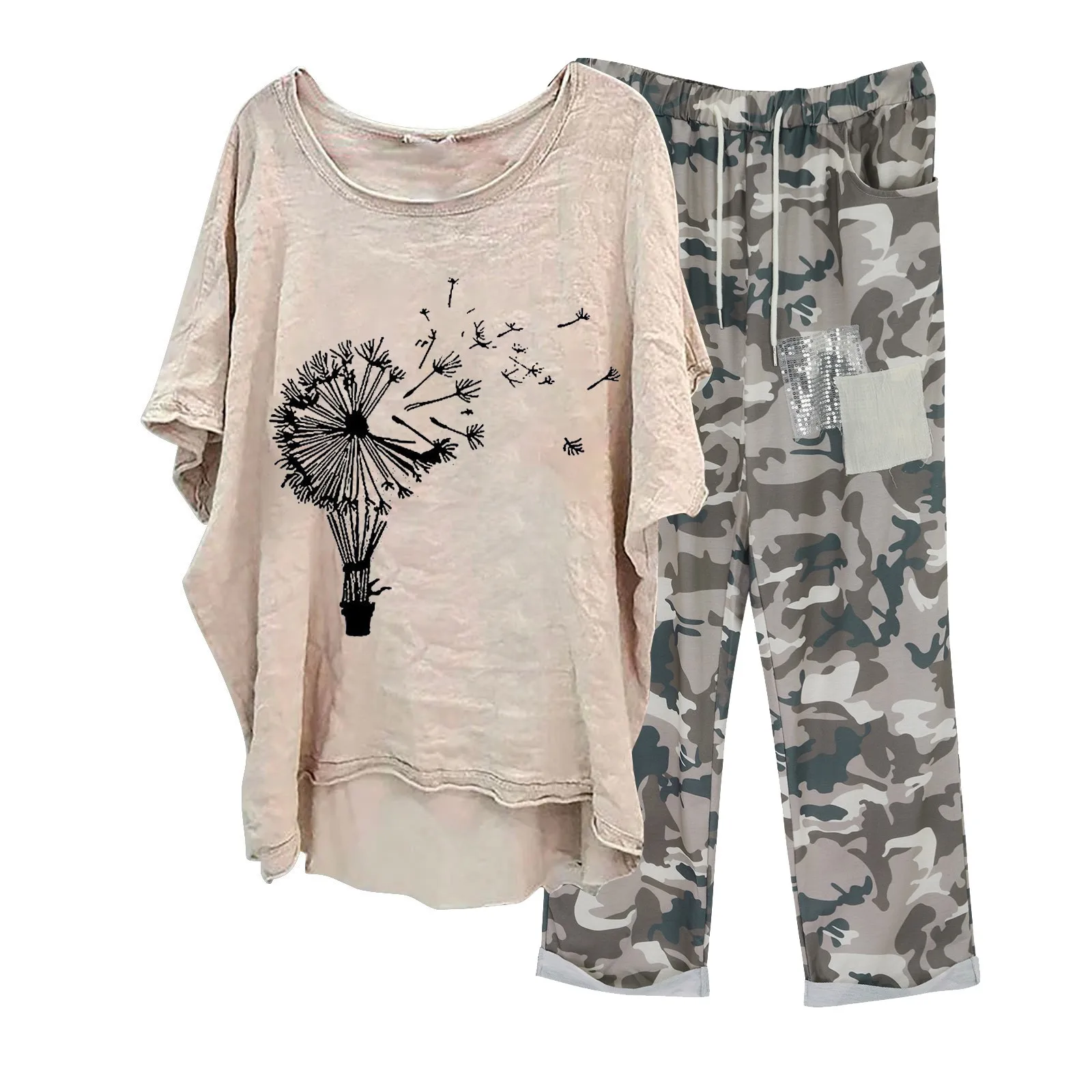 Dandelion Shirts Pants Set Woman 2 Pieces Elegant Shirt Pants Camouflage Joggers Summer Loose Fit Asymmetrical Outfit Streetwear 3