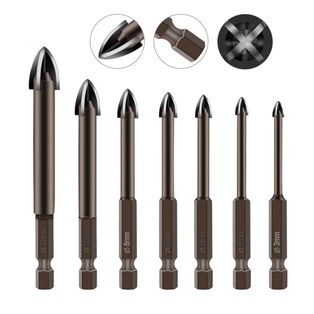 7Pcs Glass Drill Bit Set Alloy Carbide Point with 4 Cutting Edges Tile & Glass Cross Spear Head Drill Bits