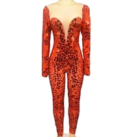 red mirror sequins mesh gauze decoration jumpsuit sparkly clothing for women long sleeve stage wear lady performance suit