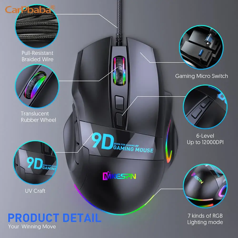 Фото Игровая мышь с разрешением 12000 DPI, 9 кнопок, оптическая, USB, проводная, оптом, компьютерные аксессуары, RGB, киберспортивная, высококачественная №5