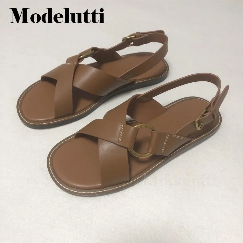 

Modelutti 2023 New Spring Summer Fashion Leather Cross Belt Design Open Toe Roman Sandals Women Simple Casual Flat Shoes Female