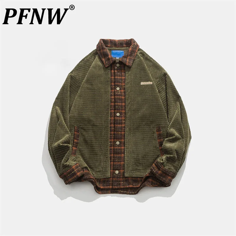 

PFNW Spring Autumn New Men's Plaid Patchwork Lapel Jackets Fashion Letter Print Design Chic Harakuju Casual Popular Coat 12A8076