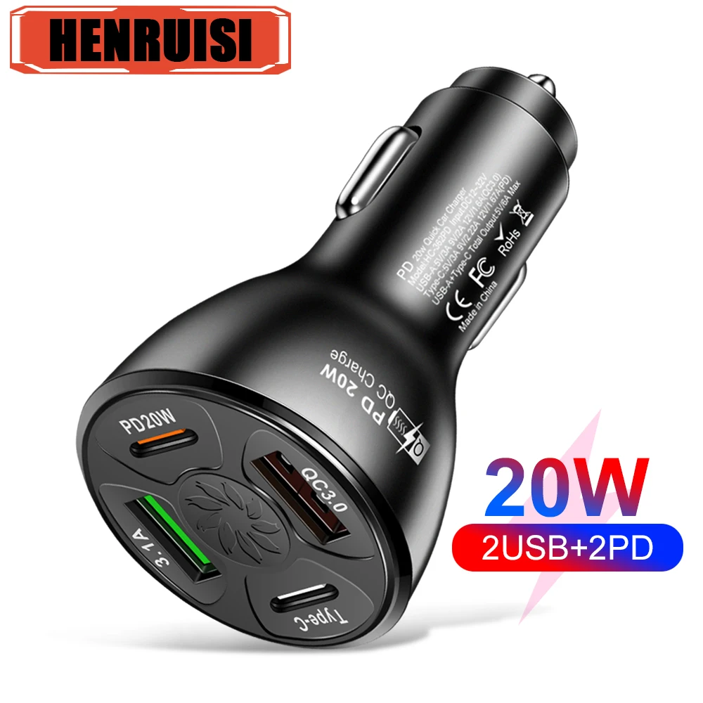 

4Ports USB/Type C Car Charger 20W Mini Fast Charge QC3.0 For iPhone 14 13 Pro Xiaomi Huawei Samsung Cigarette Light Car Charger