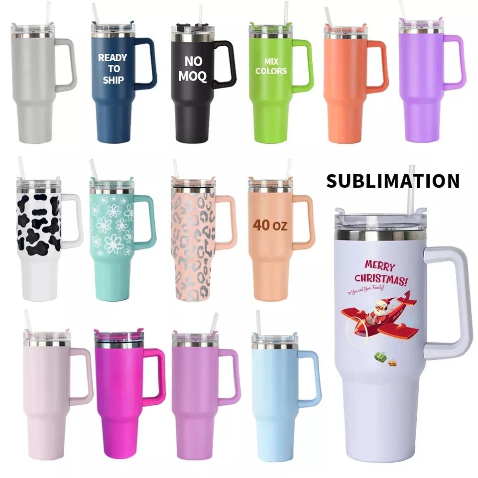 2023 New Ready To Ship 40oz Adventure Quencher Tumbler With Big Grid Handle & Straw Custom 18/8 Vacuum Travel Mug Stay Ice-cold
