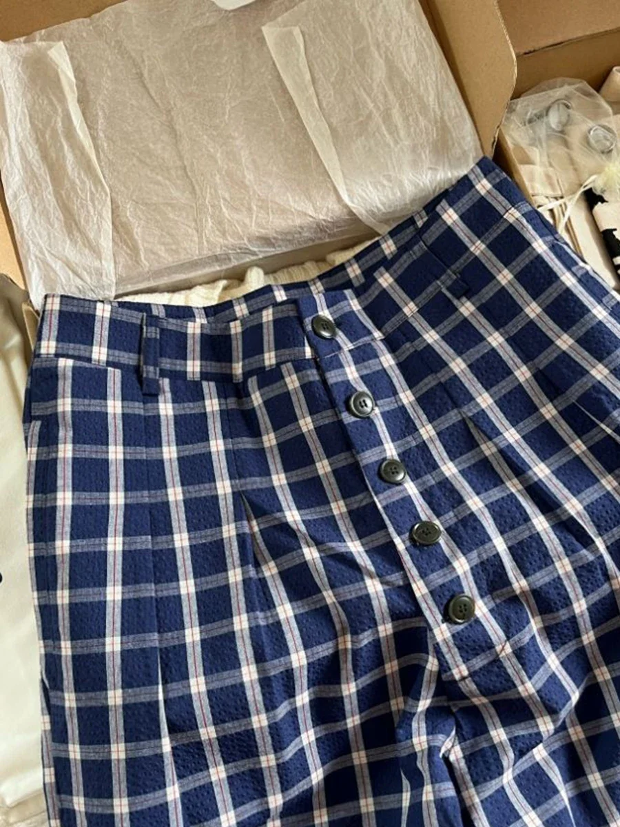 Женские прямые длинные брюки в клетку синие свободные с высокой талией на