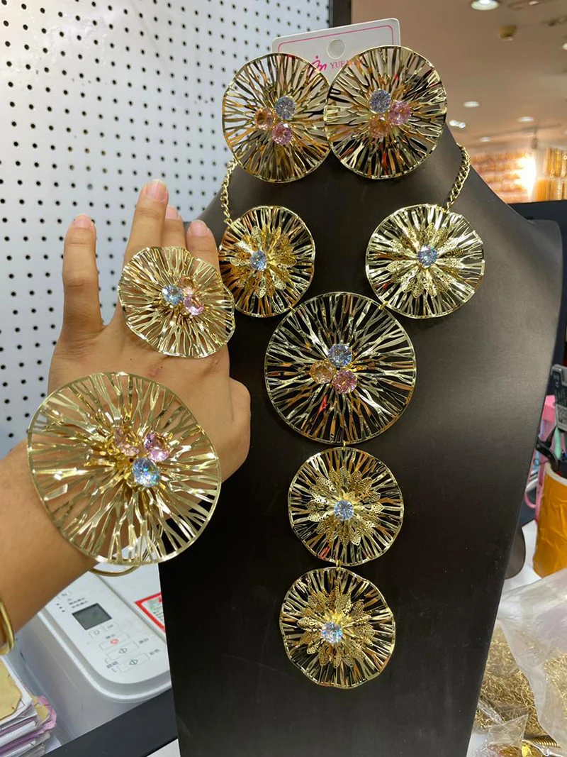 

Dubai Jewelry Set Gold Color Bridal Wedding Dubai Nigerian African Long Necklace Earrings Ring Bracelet Big Flower Jewellery Set