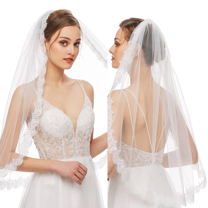 

L21E Wedding Bridal Veil with Comb Illusion Tulle Lace Trim Sheer Veils Hair Accessories for Bride 1 Tier Elbow Length
