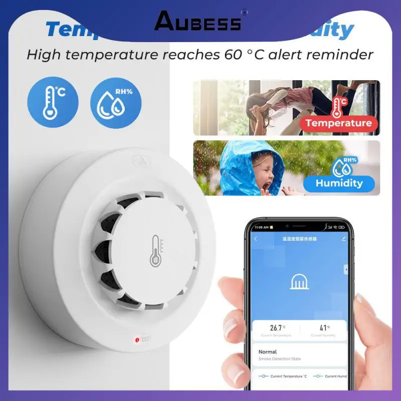

120ma Thermohygrometer Voice Control Tuya Wifi Smoke Detector 2 In 1 Low Battery Reminder Temperature And Humidity Sensor 2.4ghz