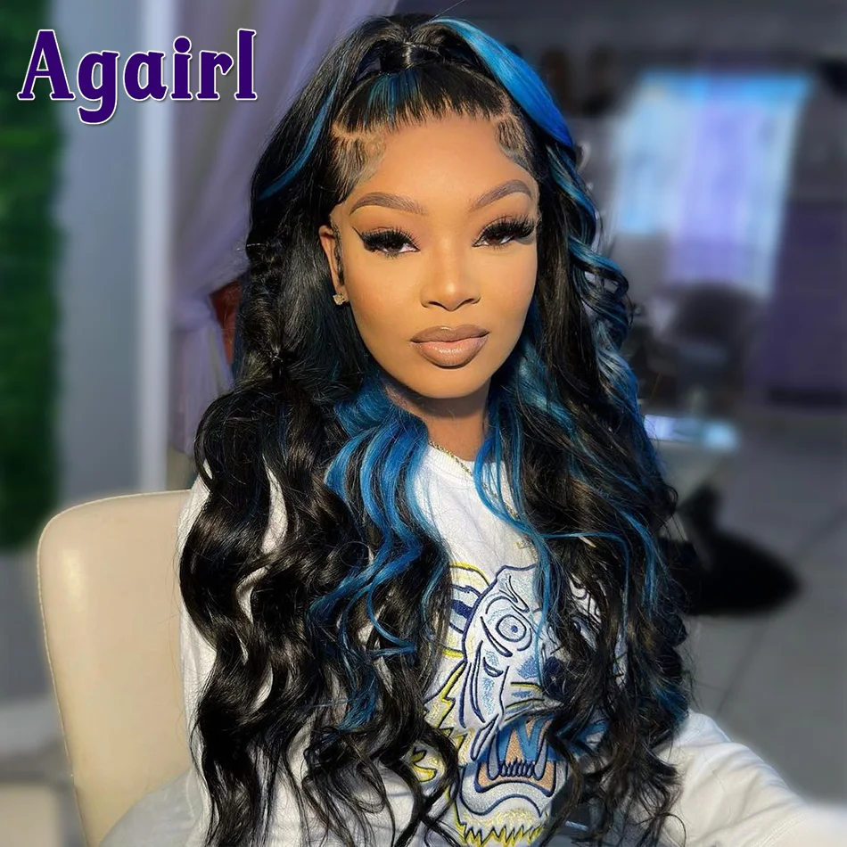 Agairl 13x4 13x6 Blue With Black Highlight Colored Body Wave Lace Front Wig PrePlucked 5x5 Lace Closure Wig Human Hair For Women