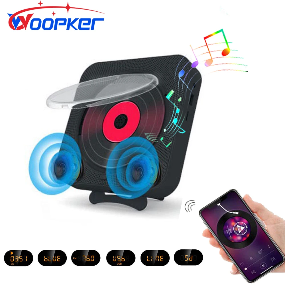 

CD-плеер Woopker с Bluetooth, Hi-Fi-стереозвуком, светодиодным экраном, CD/FM/USB/AUX/TF-режимом, с ИК-пультом дистанционного управления, FM-радио
