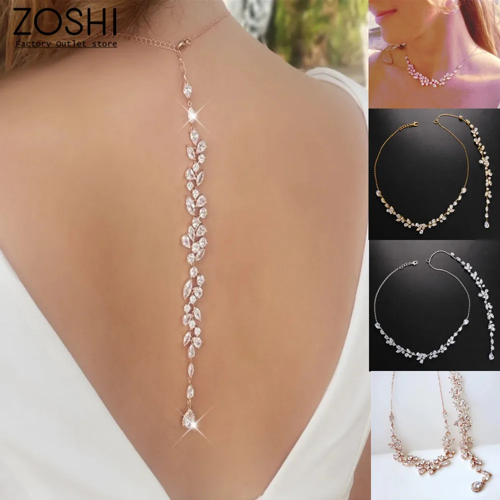 Rose Gold Color Wedding Back Body Chain Zircon Crystal Flower Chain Body Jewelry For Women Bridal Summer Jewelry Back Necklace