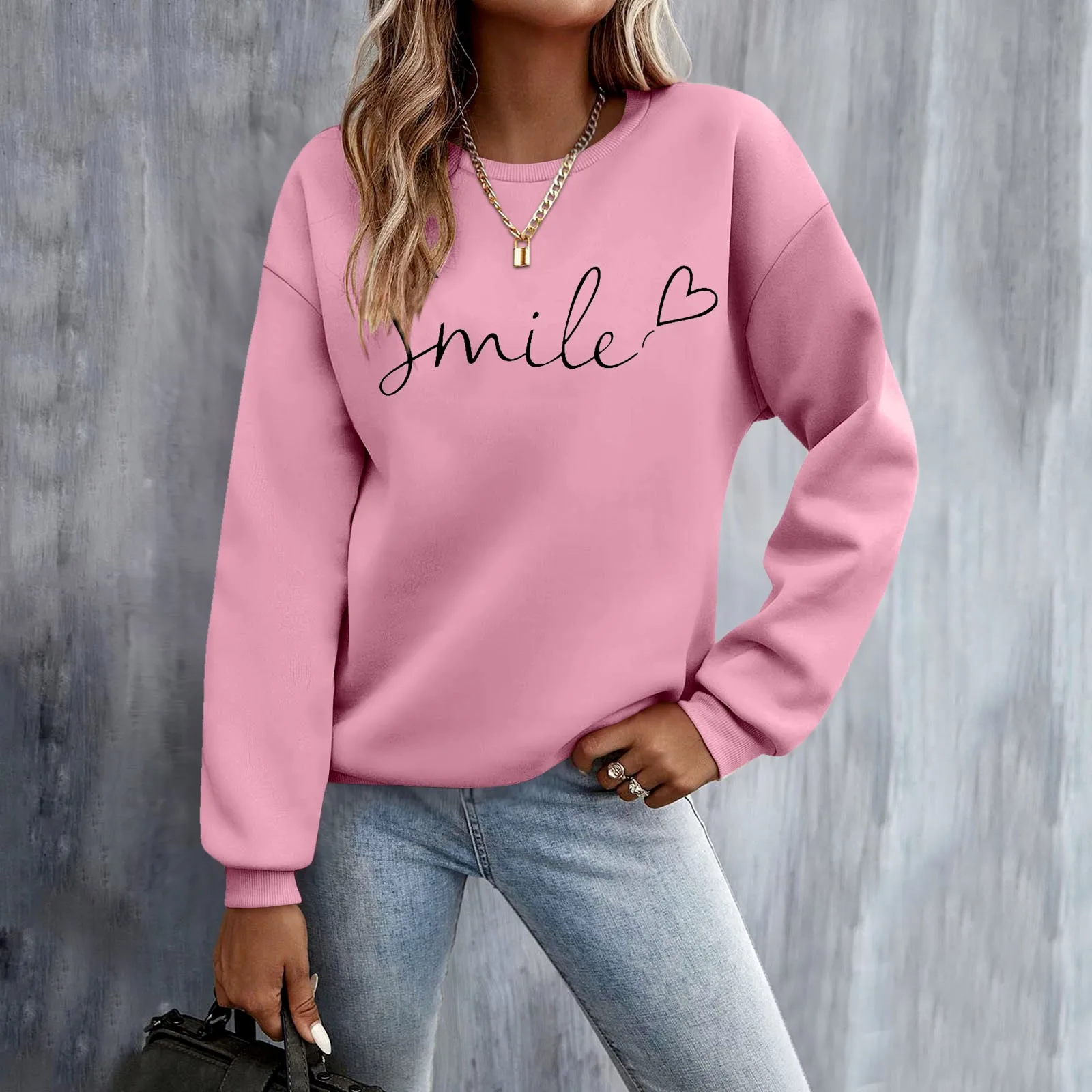 Smile Letter Print Pullover Sweatshirts Womens Outdoor Harajuku Long Sleeve O Neck Blouses Streetwear Sweatshirt Women