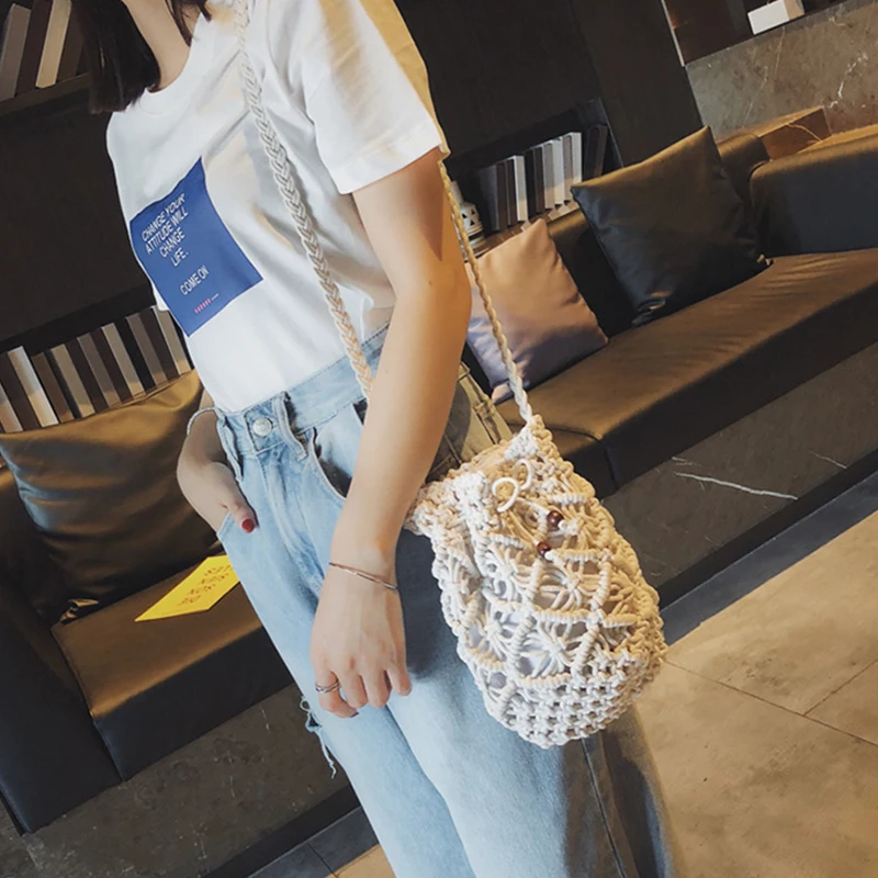 Solid Color Hand-woven Bag Women's Cotton Thread Bucket Bag Casual All-match Shoulder Messenger Bag Fashion Commute Tote Bag