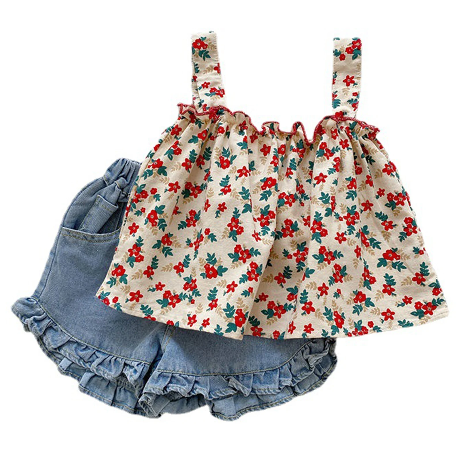

Baby Girls Sleeveless Wide Shoulder Straps Ruffle Edge Floral Print Vest Top with Elastic Waistband Ruffle Hem Denim Shorts Sets