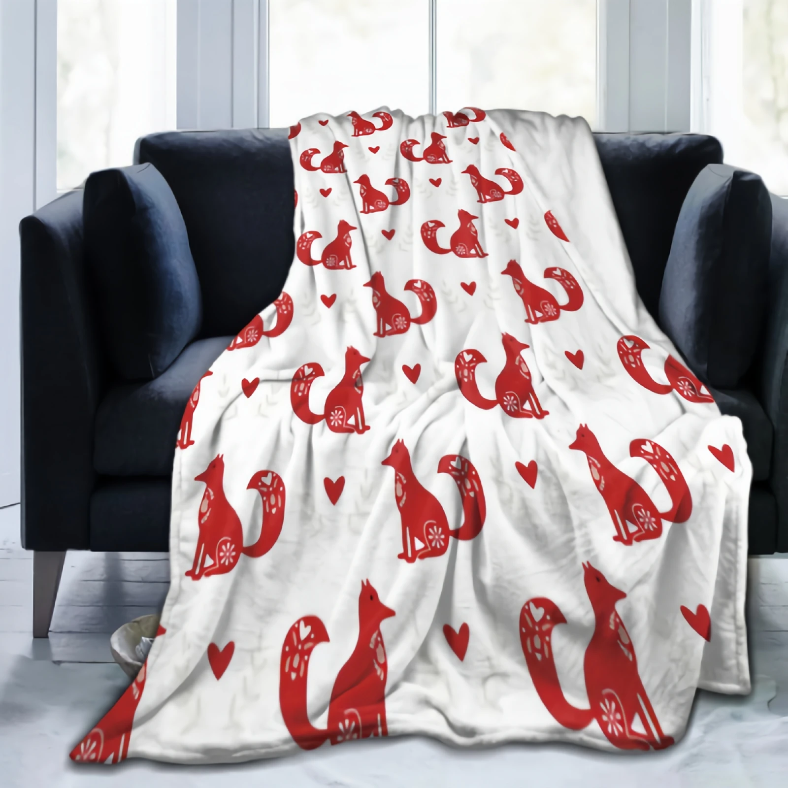 

Traditional Folk Motif With Foxes, Hearts And Flowers Throw Blanket 80"x60" Super Soft Warm Lightweight Fleece Plush Blanket