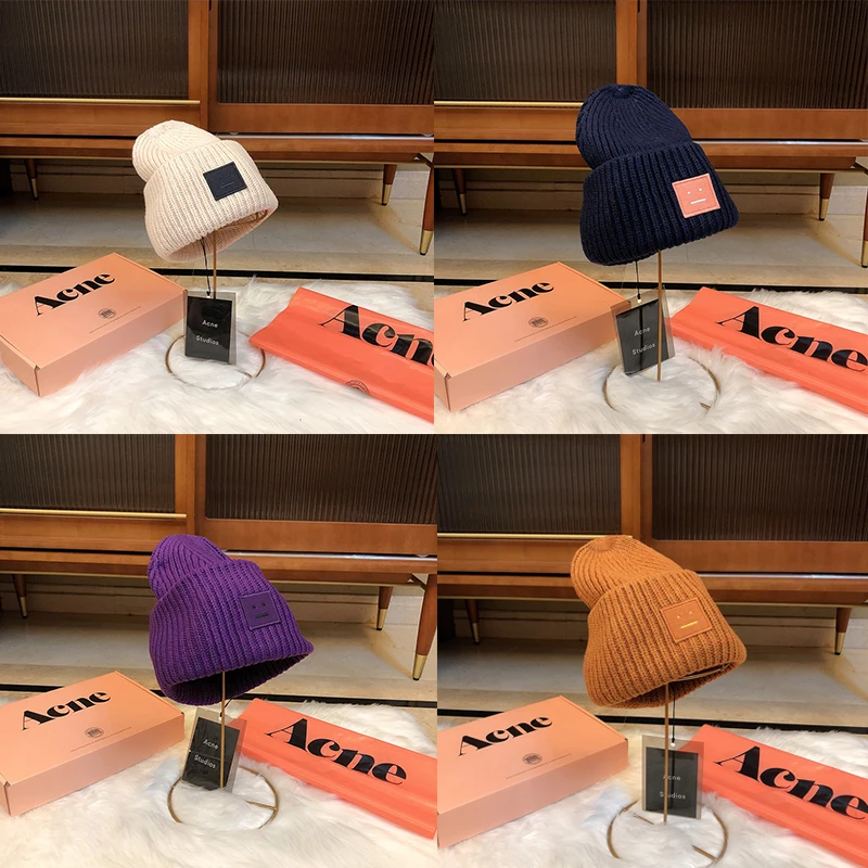 

2023 New Acne Studios Men Women Winter Hats Face Patch Knit Beanie Smile Matching AC Hat Streetwear Solid Color Warm Beanies