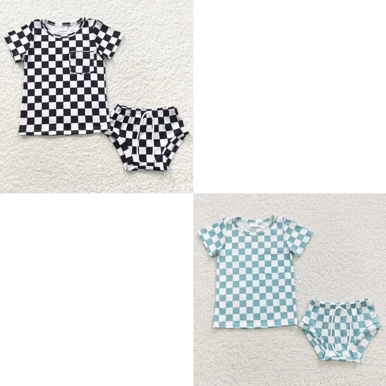 

Wholesale Baby Girl Set Toddler Short Sleeves Pocket Checkered Shirt Bummie Shorts Children Summer Newborn Boutique New Outfit