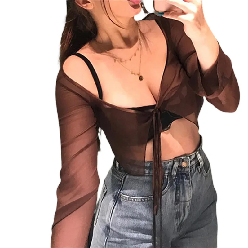 

2023 Y2K одежда, женские сексуальные короткие топы, блузка с длинным рукавом, однотонный кардиган с завязкой, сетчатая Прозрачная Футболка для молодых женщин