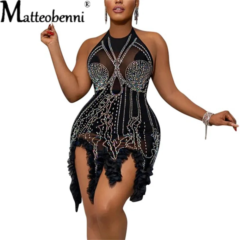 

Fashion Diamond Trim Hanging Neck Mini Dress Women Nightclub See-through Sexy Party Sleeveless Bodysuit Female Irregular Apparel
