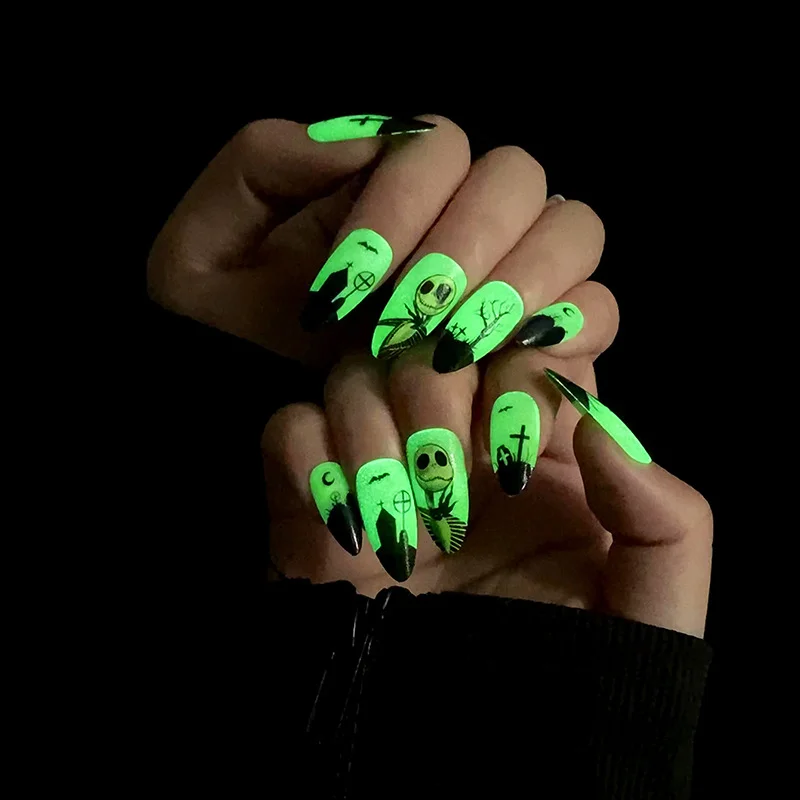 

24Pcs False Nails Halloween Luminous Green Black Border False Nails Wearable Long Stiletto Full Cover Art Press on Nail Tips