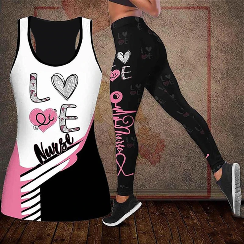 

New Women's 3D Printing Combination Tank Top Underpants Summer Leisure Yoga Pants Gym Girl Cute Tights Sports Underpants Set