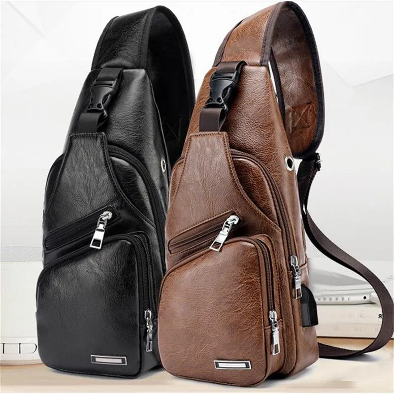 

Men's USB Chest Bag Designer Messenger Crossbody Package PU Leather Shoulder Bags Diagonal Package Travel Chest Bag bolso hombre