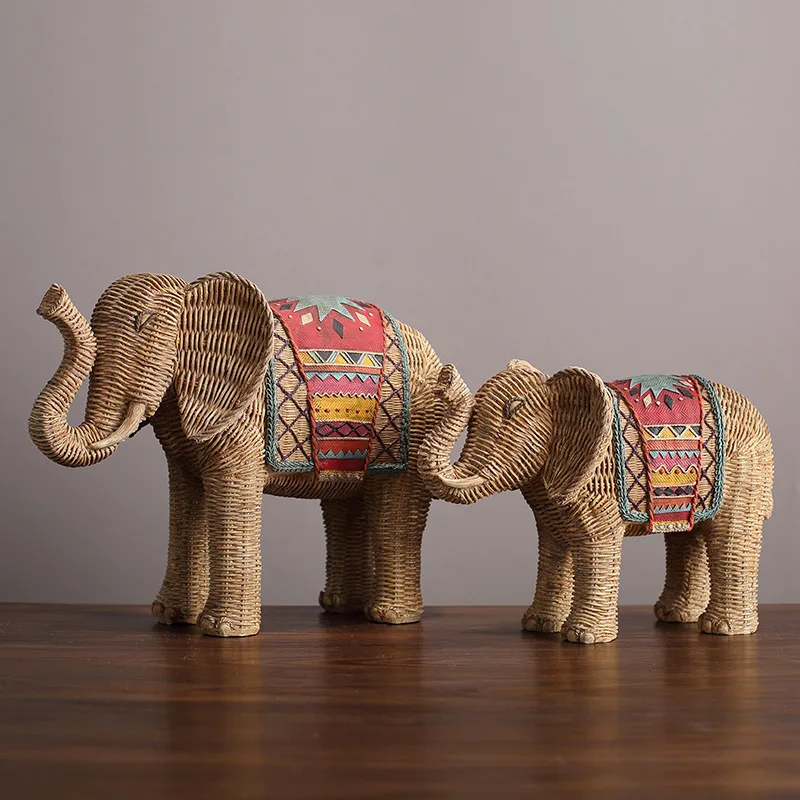 

Resin Handicraft Ornaments Braided Hand-painted Elephant Ornament Simulation Animal Statue Handmade Elephant Decoration