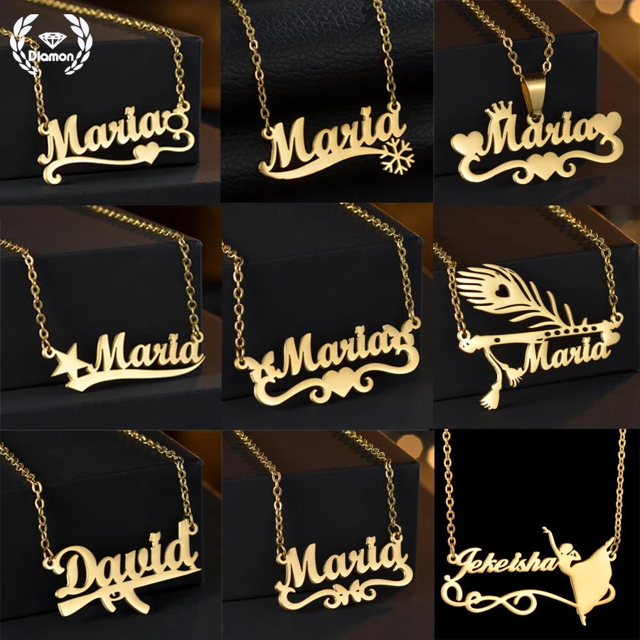 

Diamon Personalized Name Letters Stainless Steel Charm Necklace for Women Customized Nameplate Heart Pendant Choker Gift Jewelry