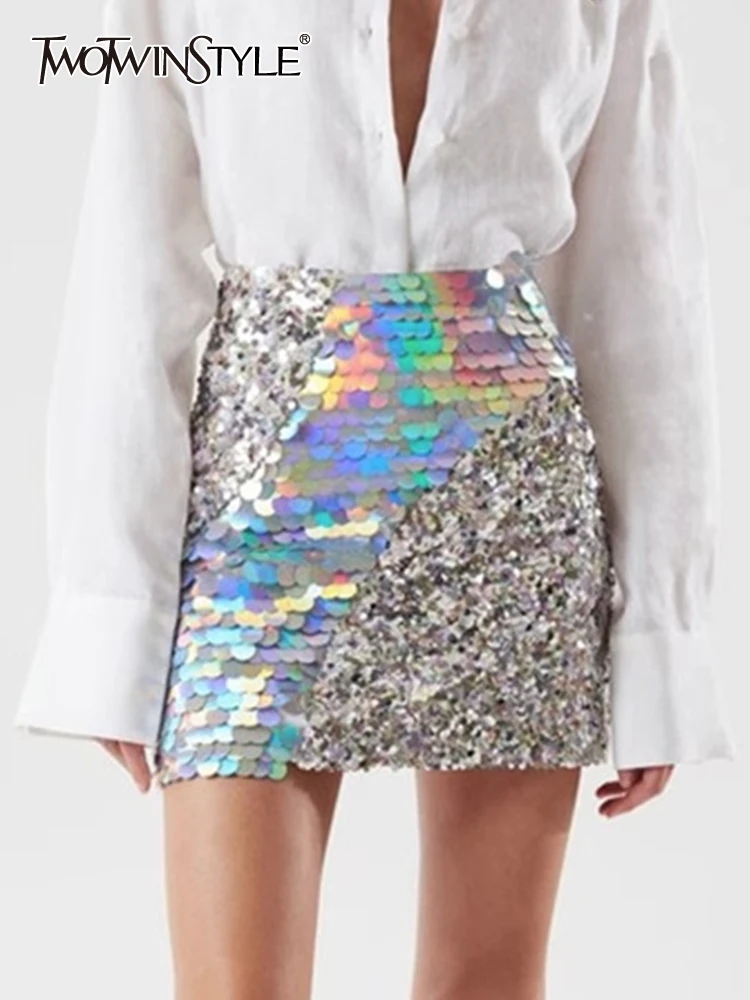 

Женская облегающая мини-юбка TWOTWINSTYLE, разноцветная Лоскутная юбка с блестками и высокой талией для похудения, модная женская одежда