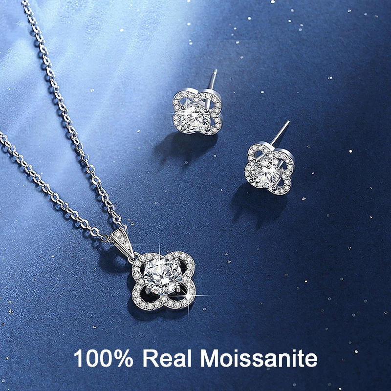 

100% Moissanite Jewelry Set 925 Sterling Silver Diamond Flower Necklace Stud Earring For Women Girls Daughter Birthday Gift Box