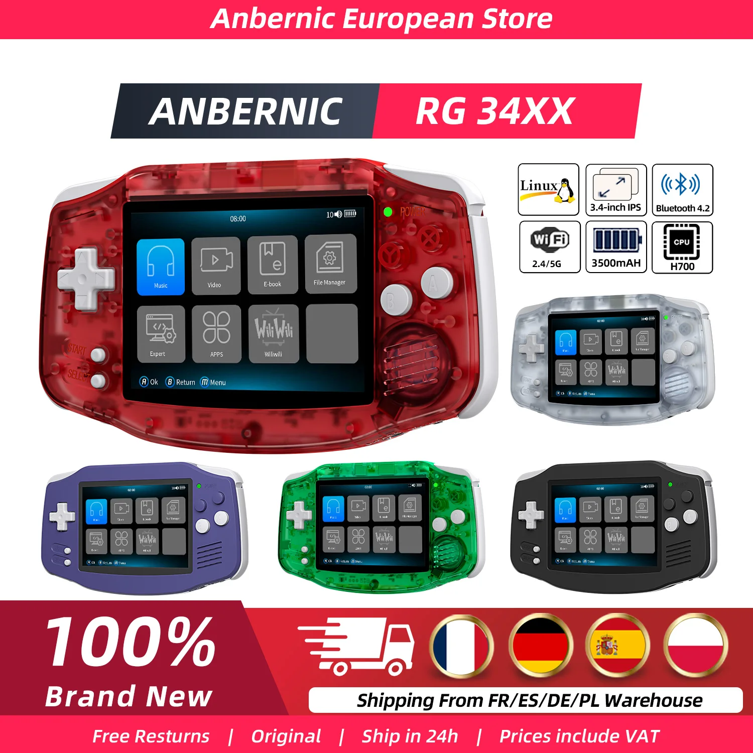 Anbernic RG34XX Retro Handheld Game Consoles RG 34XX Classic Retro Gaming Player Linux 64-bit 3500mAh Battery WiFi Bluetooth HD