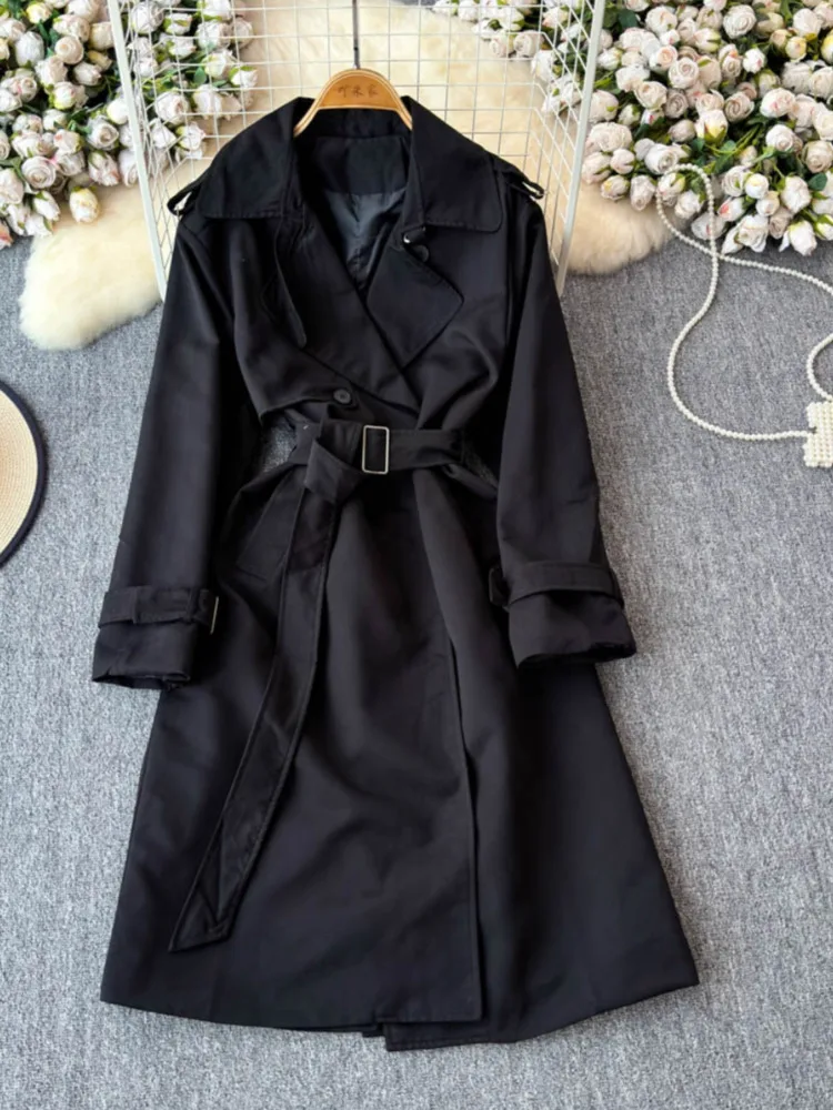 EWQ корейский стиль женский двубортный плащ с лацканами однотонное пальто средней