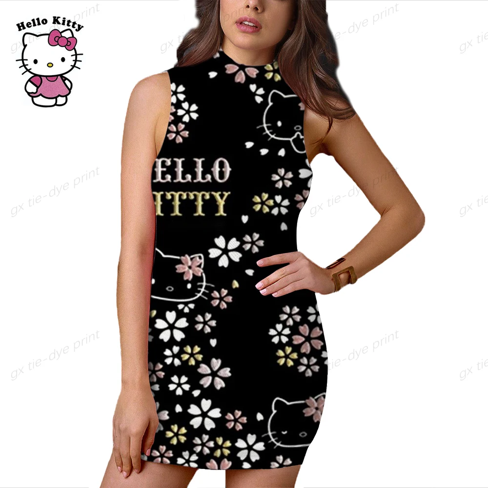 

Женская облегающая юбка до колен, юбка с круглым вырезом и принтом Hello Kitty, платье-миди без рукавов, сексуальная облегающая юбка, лето 2023