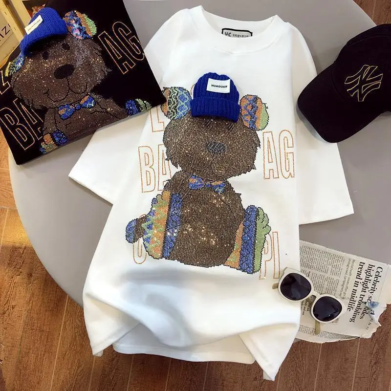 

Summer Fashion Top 2022 Diamonds Bear T-shirts Loose Plus Size Women's Hot Drill Knitted Hat Bear Short-sleeved T-shirt Women
