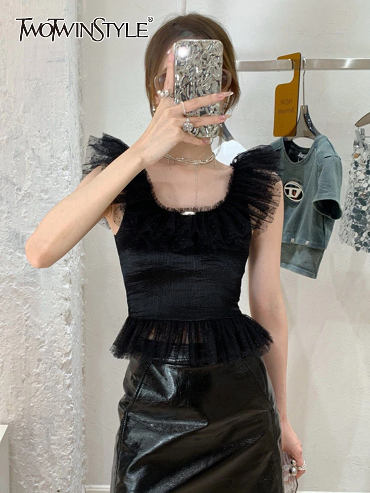 

TWOTWINSTYLE Solid Patchwork Lace Tank Top For Women U Neck Sleeveless Tunic Sexy Chic Vest Female Summer Fashion Clothing 2023
