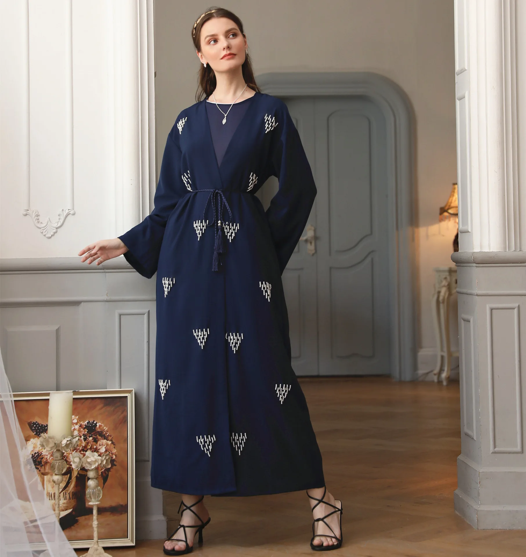 Blue Bleads Open Kimono Women Muslim Abaya Dubai Kaftan Islamic Clothing Evening Party Gown Caftan Marocain Djellaba Eid Ramadan