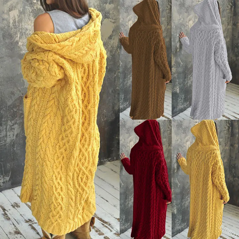 Twist Braid Lazy Style Hooded Long Cardigan Sweater Solid Color Long Sleeve Knit Hooded Overcoat Loose Elegant Plus Size