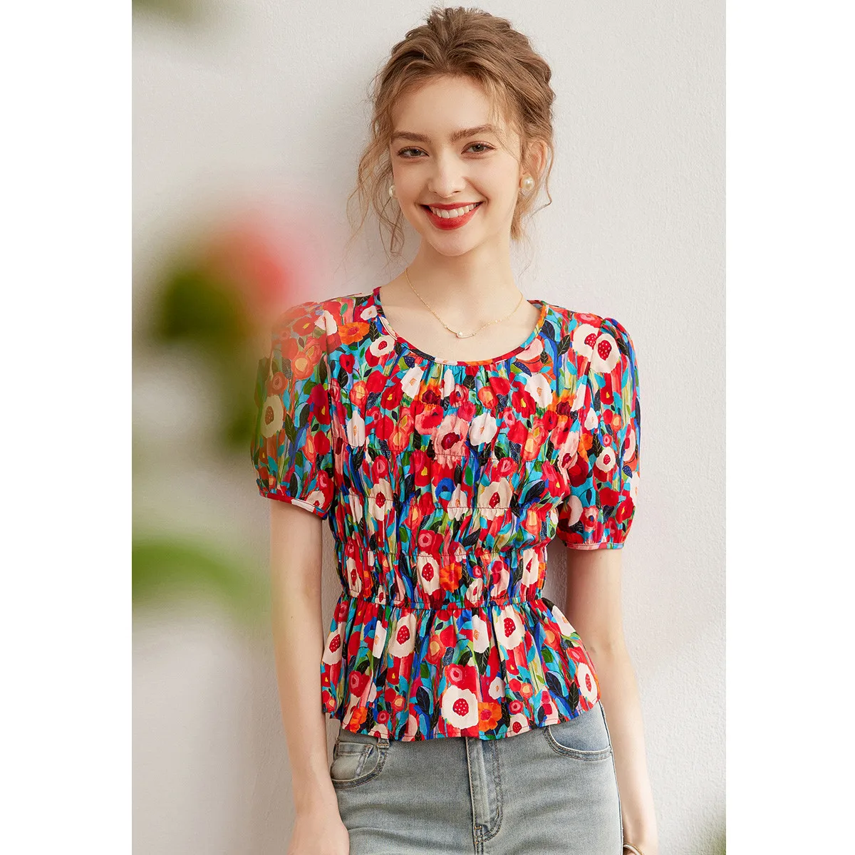 Рубашка LOUIS YAO с цветочным принтом блузки из 100% хлопка лето 2024 приталенный