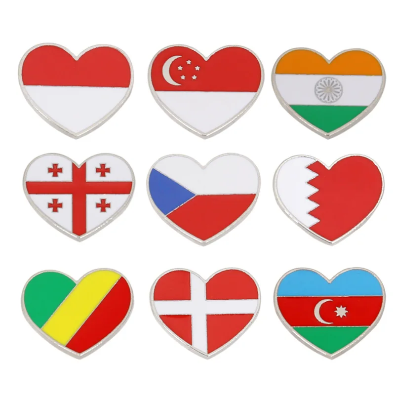 

National Flag Enamel Pins Custom Heart Shapped Brooch CZ IN DK SG ID AZ BH CG GE Flag Pins Souvenir Badge Jewelfy Gift