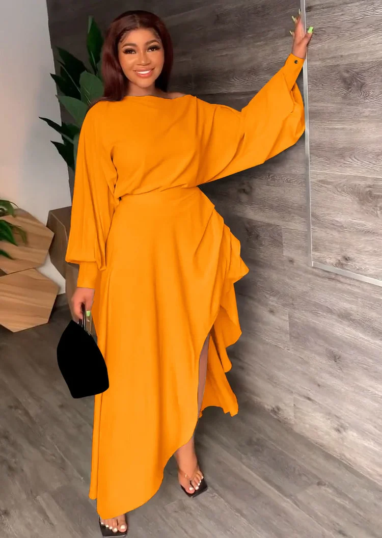 

WUHE Sexy Slash Neck Batwing Long Sleeeve Crop Top High Side Split Ruched Asymmetrical Maxi Skirt Suits Women Two Piece Outfits