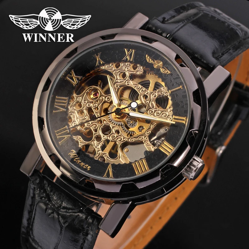 

Winner Classic Royal Skeleton Design Mens Watches Hand Wind Waterproof Luminous Leather Men's Mechanical Watch Montre Homme