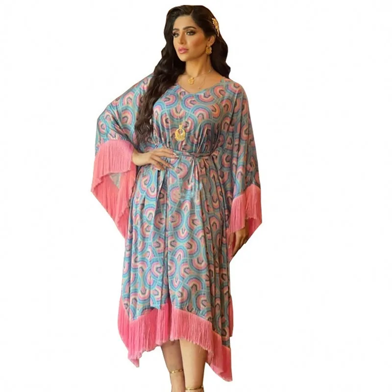 Muslim Abaya For Women Fashion Fringe Panel Doll Sleeve Loose Dress Party Long Dress Dubai Islamic Chic Print Ankara Robes New