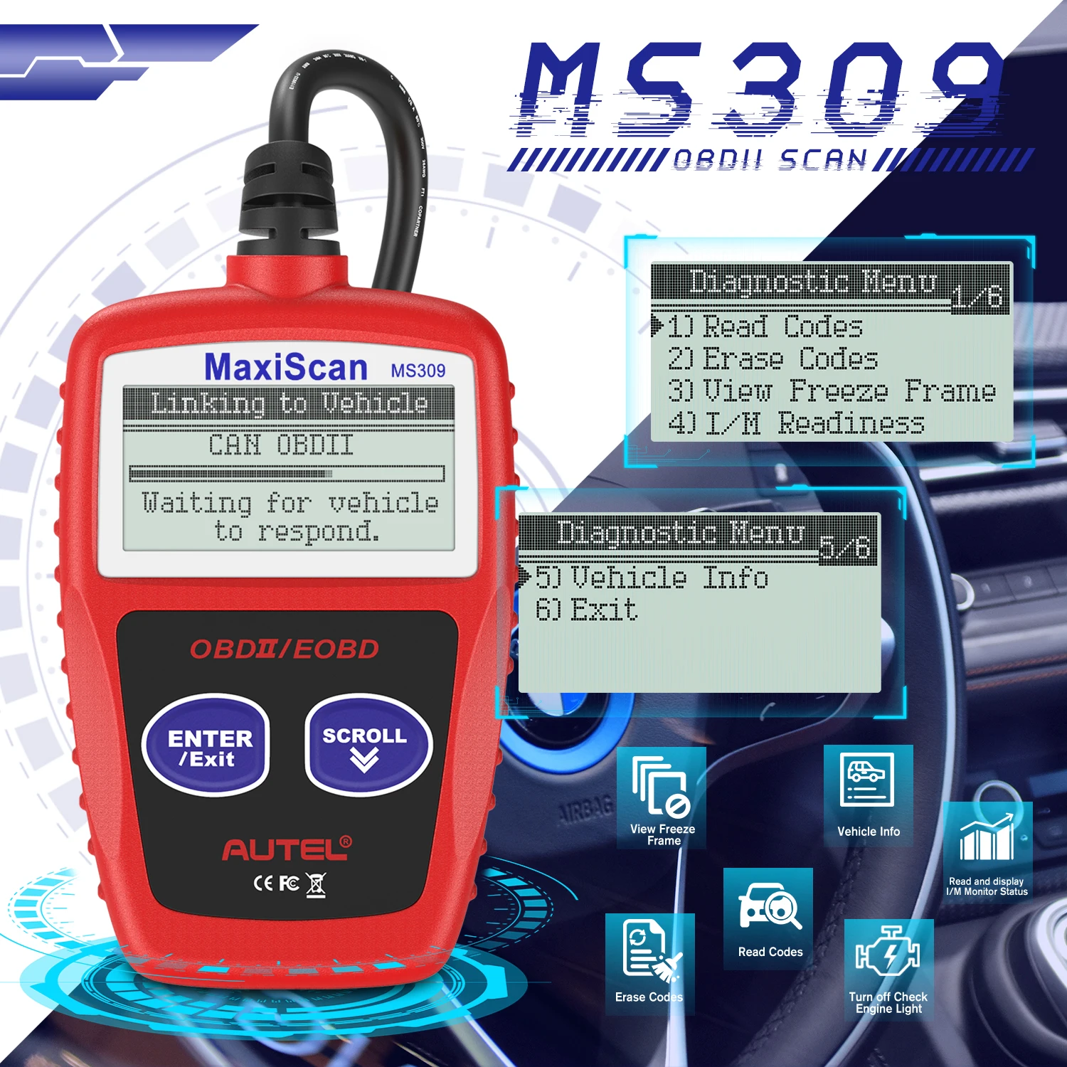 Autel OBD2 сканер MaxiScan MS309 считыватель кодов двигателя выключсветильник