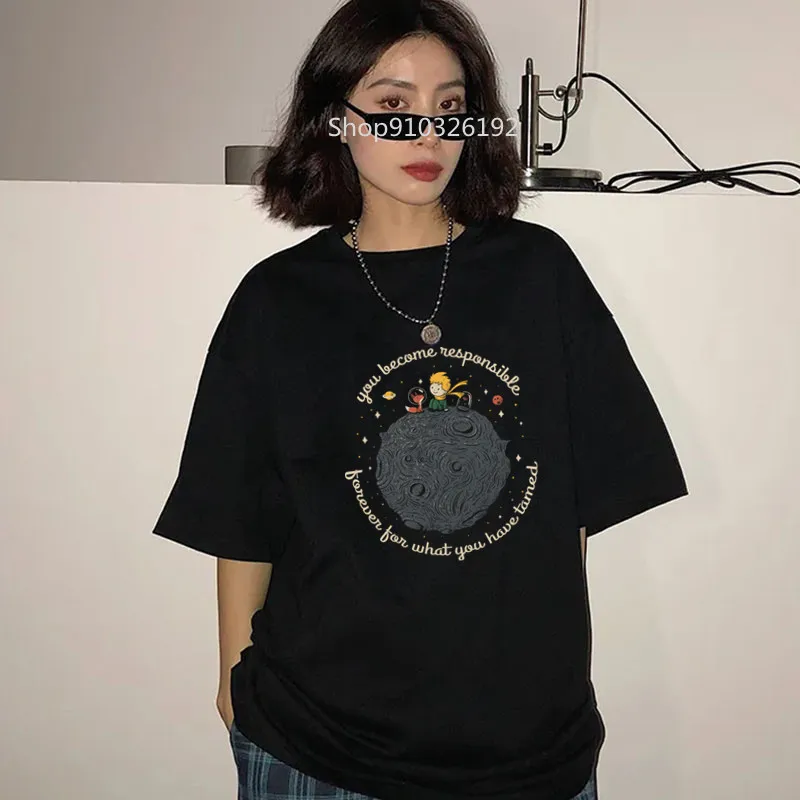 

Женские рубашки, футболка, Милая женская одежда с мультяшным принтом Маленький принц, летняя винтажная короткая футболка, модные топы, женс...