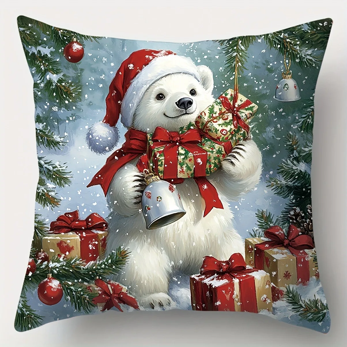 Christmas Throw Pillow Cover with Santa Claus Snowman and Polar Bear Zipper Machine Washable Home Decor