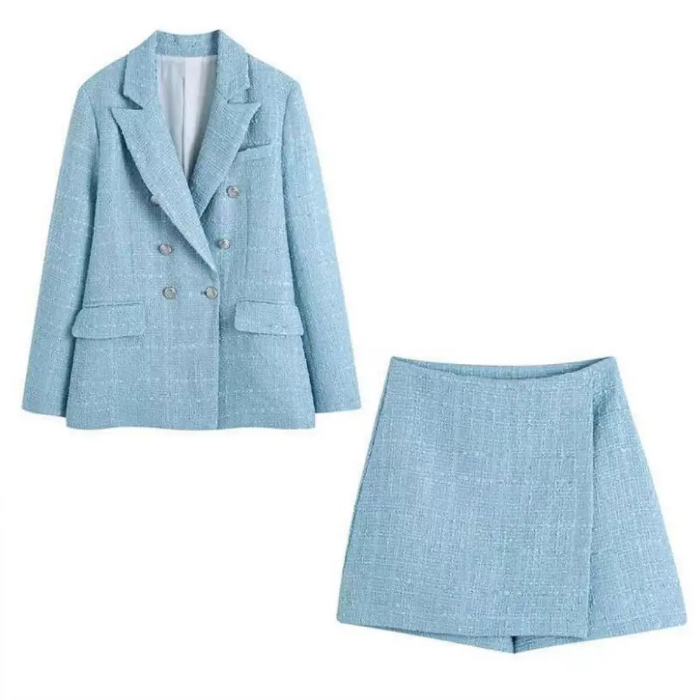 Women Two-piece Set Pink Tweed Vintage Office Lady Double Breasted Blazer Female Slim High Waist Culottes Skirt Suit