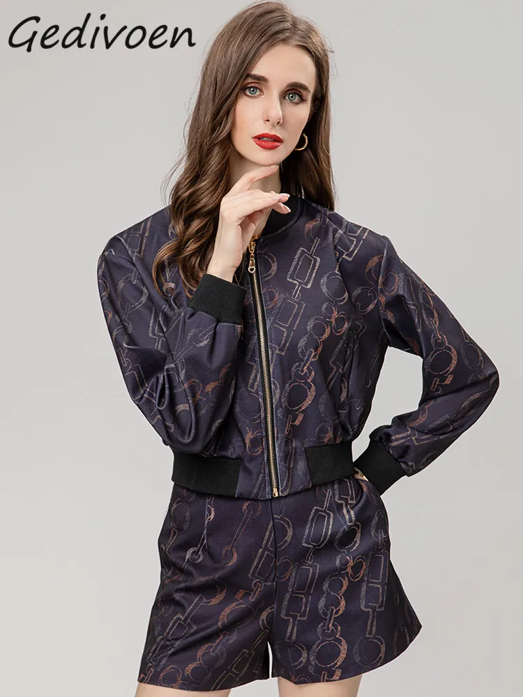 

Комплект из двух предметов Gedivoen, модный дизайнерский комплект с винтажным принтом, приталенный пиджак с рукавами-фонариками и прямые шорты с карманами
